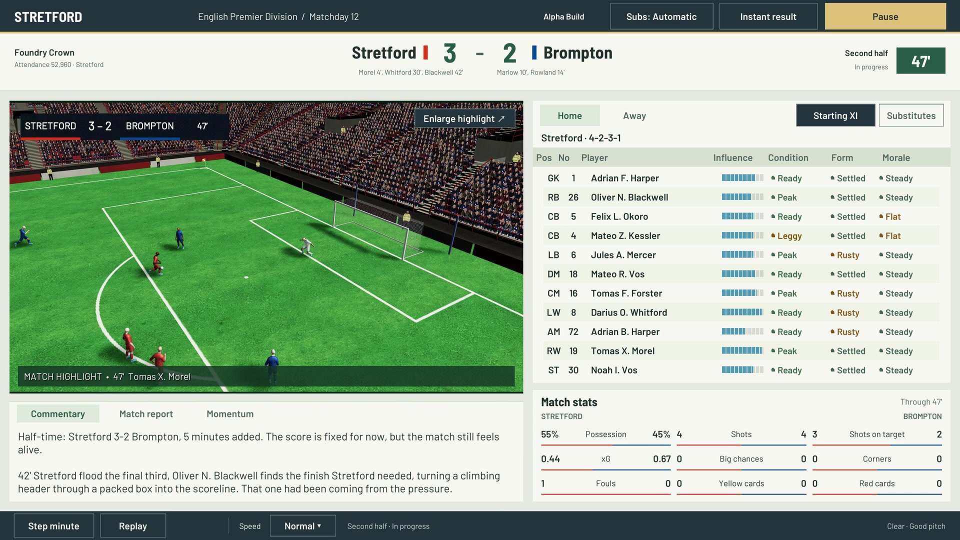 Titlehunt matchday screen with a match highlight, score, full starting eleven and match statistics