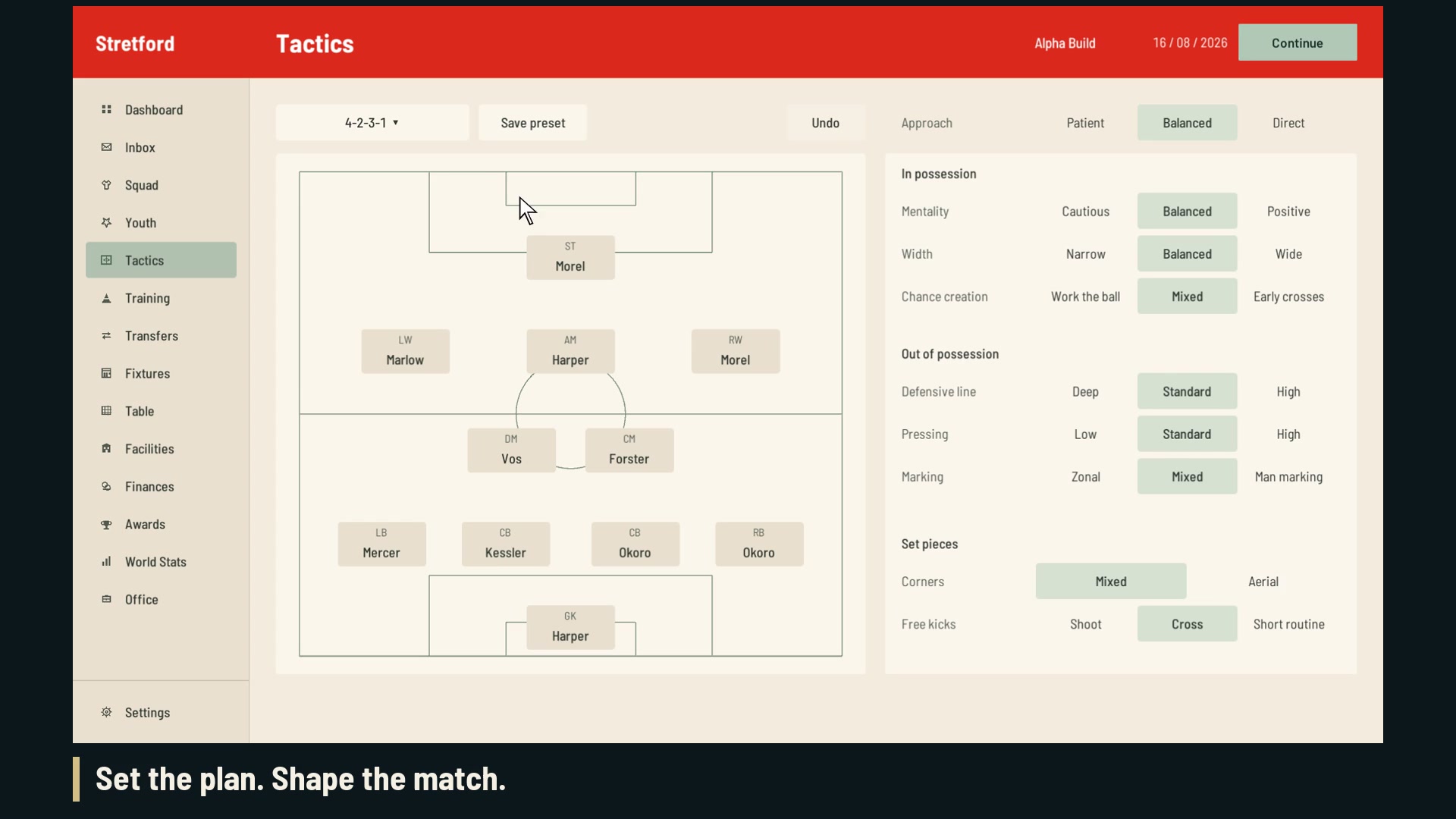 Stretford tactics screen with all eleven players in a 4-2-3-1 formation and team instructions